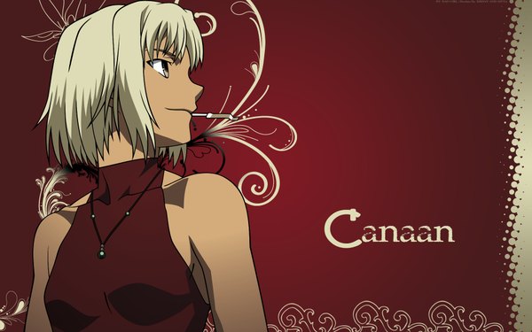 Anime picture 1920x1200 with canaan type-moon canaan (character) single highres short hair simple background blonde hair wide image brown eyes profile mouth hold girl locket