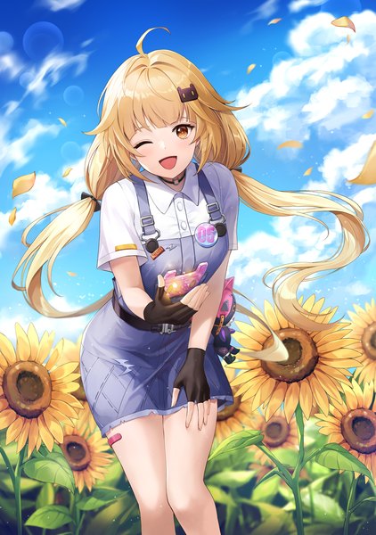 Anime picture 973x1382 with tower of fantasy shirli (tower of fantasy) lunacle single long hair tall image looking at viewer fringe open mouth blonde hair smile standing twintails sky cloud (clouds) ahoge outdoors one eye closed wind short sleeves
