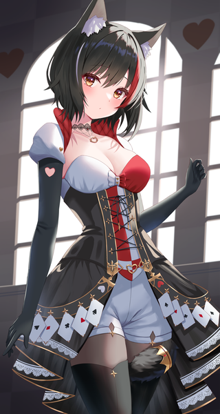 Anime picture 2514x4713 with virtual youtuber hololive ookami mio ookami mio (6th costume) thorny single tall image highres short hair breasts black hair animal ears yellow eyes cleavage indoors multicolored hair from below streaked hair official alternate costume wolf ears