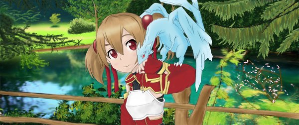 Anime picture 3440x1440 with sword art online a-1 pictures silica pina (sao) rainbow d fox single looking at viewer fringe highres short hair hair between eyes red eyes brown hair wide image twintails upper body outdoors head tilt light smile wide sleeves