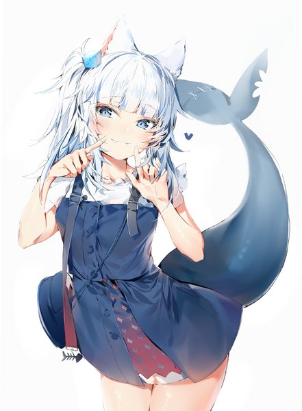 Anime picture 2500x3400 with virtual youtuber hololive hololive english gawr gura gawr gura (2nd costume) silver (chenwen) single long hair tall image looking at viewer blush fringe highres blue eyes simple background standing white background animal ears silver hair tail