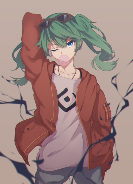 Anime picture 1032x1430 with vocaloid suna no wakusei (vocaloid) hatsune miku kicchan single long hair tall image looking at viewer fringe blue eyes hair between eyes standing twintails upper body head tilt one eye closed green hair open jacket arm behind head sunglasses on head
