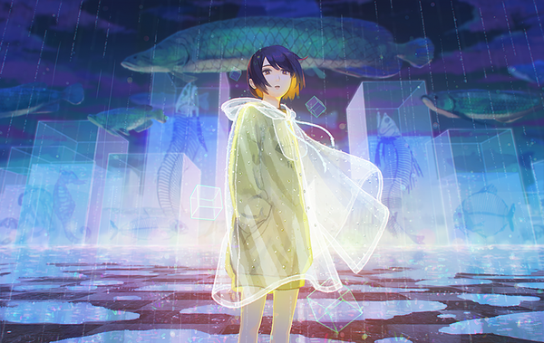 Anime picture 900x569 with original hiko (scape) single looking at viewer fringe short hair open mouth black hair standing cloud (clouds) multicolored hair black eyes orange hair night two-tone hair bare legs night sky rain colored inner hair hands in pockets