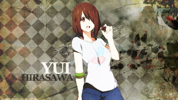 Anime picture 1360x768 with k-on! kyoto animation hirasawa yui single fringe short hair brown hair wide image brown eyes hair over one eye girl