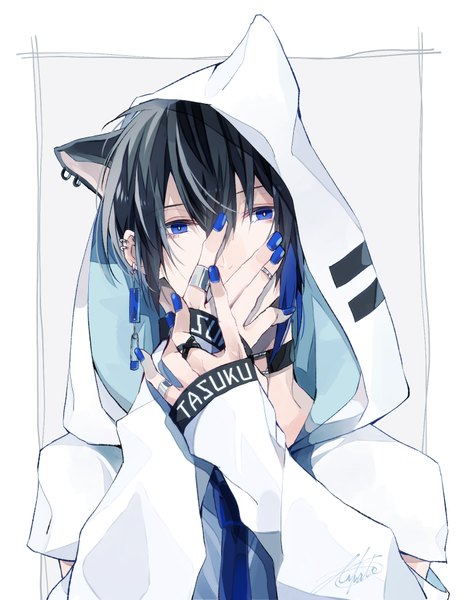 Anime picture 1487x1930 with original utkt single tall image looking at viewer fringe short hair blue eyes black hair simple background hair between eyes signed animal ears upper body nail polish cat ears grey background piercing border sleeves past wrists