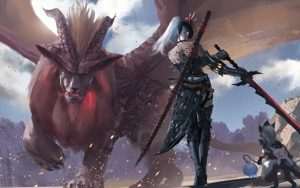 Anime picture 5010x3136 with monster hunter monster hunter: world felyne vaal hazak (armor) teostra wlop long hair highres short hair multiple girls holding absurdres sky cloud (clouds) full body outdoors ponytail horn (horns) grey hair from behind
