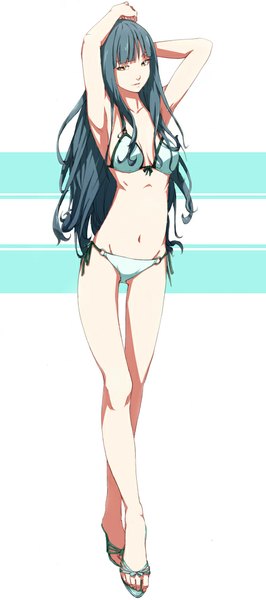 Anime picture 500x1127 with original sousou (sousouworks) single long hair tall image fringe light erotic standing brown eyes blue hair full body legs girl navel swimsuit bikini side-tie bikini