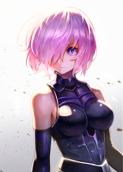 Anime picture 1141x1600 with fate (series) fate/grand order mash kyrielight kuroi susumu single tall image fringe short hair breasts simple background smile purple eyes bare shoulders looking away pink hair upper body hair over one eye gradient background girl gloves