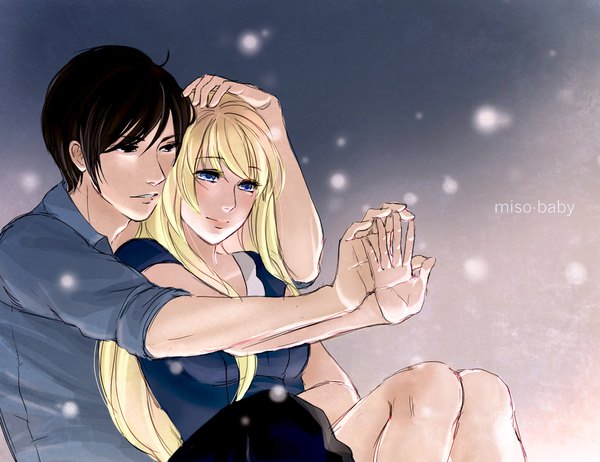 Anime picture 1024x789 with instantmiso long hair short hair blue eyes black hair blonde hair sitting from behind black eyes couple hug holding hands dark background knees touching hug from behind hand on another's head girl boy