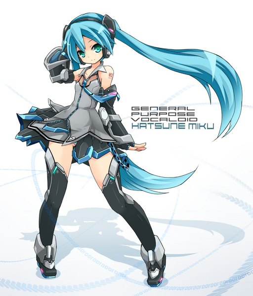 Anime picture 1000x1170 with vocaloid hatsune miku karukan (monjya) single tall image looking at viewer twintails very long hair aqua eyes aqua hair text girl skirt gloves detached sleeves necktie headphones fingerless gloves armored dress