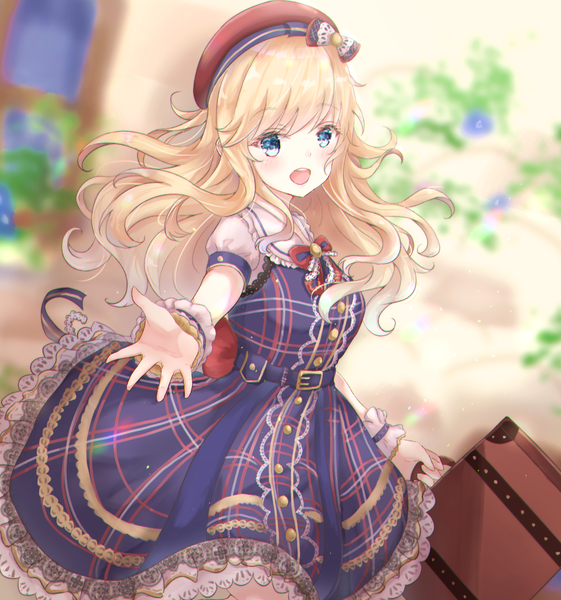 Anime picture 1823x1948 with idolmaster idolmaster cinderella girls idolmaster cinderella girls starlight stage ootsuki yui sa-ya2 single long hair tall image blush highres open mouth blue eyes blonde hair puffy sleeves outstretched hand love wonder girl dress belt beret