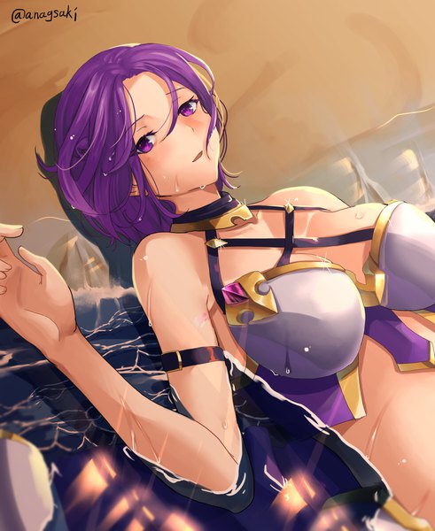 Anime picture 1000x1222 with princess connect! re:dive princess connect! shirogane jun aona (kuuga19yuu) single tall image looking at viewer blush fringe short hair breasts light erotic hair between eyes large breasts purple eyes signed purple hair upper body lying wet