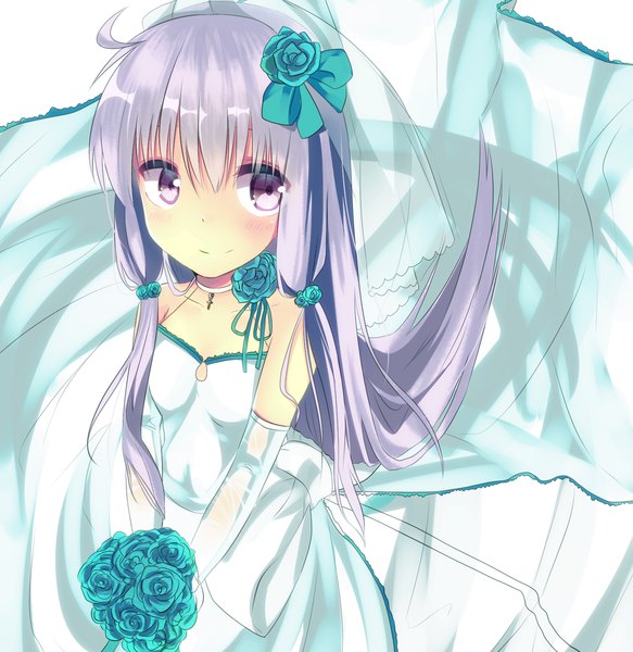 Anime picture 1530x1575 with vocaloid yuzuki yukari sazanka_4 single long hair tall image looking at viewer blush fringe smile twintails purple eyes bare shoulders holding looking away purple hair ahoge hair flower from above alternate costume