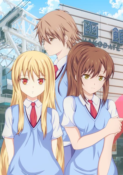 Anime picture 1270x1800 with sakura-sou no pet na kanojo j.c. staff shiina mashiro aoyama nanami kanda sorata black bitou long hair tall image looking at viewer short hair blonde hair red eyes brown hair multiple girls brown eyes yellow eyes looking away girl boy uniform