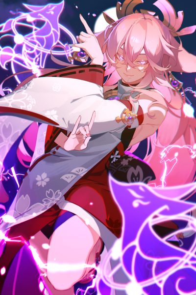 Anime picture 2254x3385 with genshin impact yae miko kkaags single long hair tall image looking at viewer fringe highres smile hair between eyes animal ears pink hair tail animal tail pink eyes fox ears fox tail fox shadow puppet girl