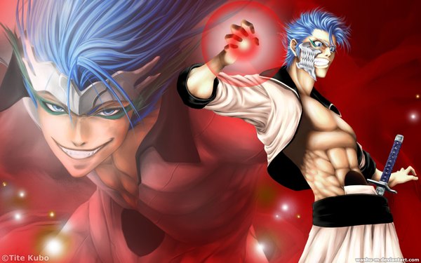 Anime picture 1680x1050 with bleach studio pierrot grimmjow jeagerjaques washu-m single long hair short hair blue eyes smile wide image blue hair japanese clothes grin magic light muscle espada boy weapon sword