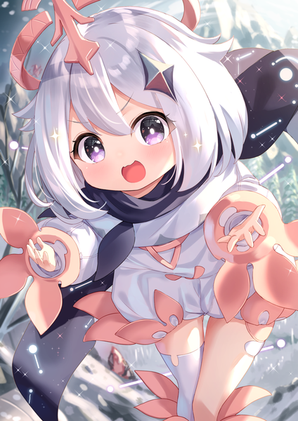 Anime picture 1158x1637 with genshin impact paimon (genshin impact) tsukiman single long hair tall image looking at viewer blush fringe open mouth smile purple eyes white hair long sleeves :d sparkle thigh gap flying cute minigirl