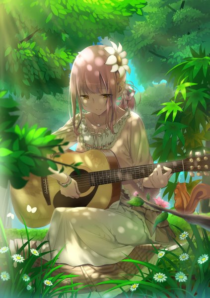 Anime picture 1748x2480 with original sakuraop single long hair tall image highres yellow eyes pink hair hair flower girl dress hair ornament flower (flowers) plant (plants) animal bracelet leaf (leaves) insect butterfly guitar