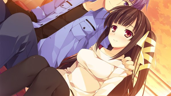 Anime picture 1280x720 with koikishi purely kiss shidou mana yuuki hagure long hair short hair black hair red eyes wide image purple eyes game cg purple hair couple girl thighhighs boy black thighhighs