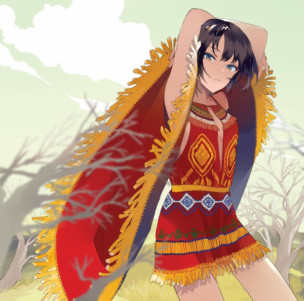 Anime picture 867x859 with original lowe (slow) single looking at viewer short hair black hair sky outdoors traditional clothes black eyes wide sleeves bare tree hands on head native american girl plant (plants) detached sleeves tree (trees)