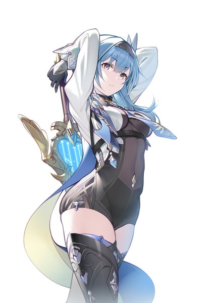 Anime picture 1000x1370 with genshin impact eula lawrence nekomu single long hair tall image fringe simple background hair between eyes white background yellow eyes blue hair covered navel arms behind head girl gloves weapon sword black gloves hairband