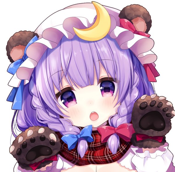 Anime picture 1130x1106 with touhou patchouli knowledge shiika yuno single long hair looking at viewer open mouth simple background white background purple eyes animal ears purple hair braid (braids) head tilt crescent bear ears girl gloves hat scarf