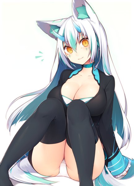 Anime picture 867x1200 with original suirin (muryou) muryotaro single long hair tall image looking at viewer fringe breasts light erotic simple background smile hair between eyes large breasts white background sitting animal ears yellow eyes blue hair cleavage