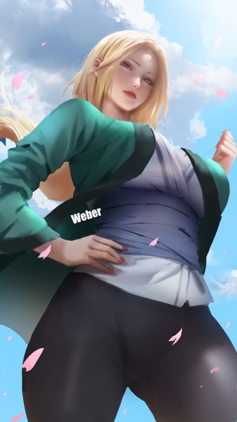 Anime-Bild 3000x5331 mit naruto studio pierrot naruto (series) tsunade weber single long hair tall image looking at viewer blush highres breasts light erotic blonde hair large breasts standing brown eyes signed sky cloud (clouds)