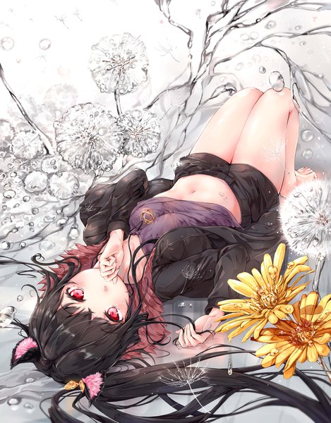 Anime picture 2743x3508 with blade & soul lyn (blade & soul) dema hmw single long hair tall image looking at viewer blush fringe highres breasts light erotic black hair red eyes animal ears full body bent knee (knees) lying barefoot fingernails