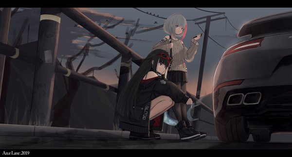 Anime picture 2000x1078 with azur lane admiral graf spee (azur lane) deutschland (azur lane) admiral graf spee (daily peaceful life) (azur lane) dw long hair fringe highres short hair blue eyes black hair wide image standing multiple girls payot looking away full body red hair blunt bangs pleated skirt