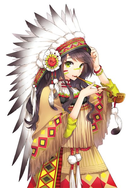 Anime picture 700x1000 with original nardack single long hair tall image looking at viewer black hair simple background white background green eyes girl bracelet feather (feathers) pipe