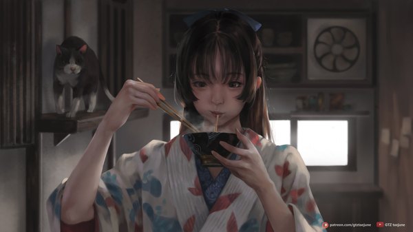 Anime picture 1700x956 with original g-tz single long hair looking at viewer fringe black hair wide image standing holding upper body indoors blunt bangs traditional clothes japanese clothes lips black eyes wide sleeves watermark eating