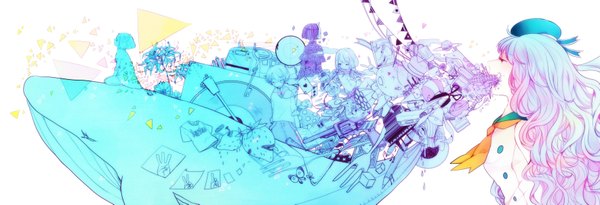 イラスト 3539x1210 と オリジナル あをこ 長髪 highres 青い目 wide image eyes closed プロフィール multicolored hair 角 two-tone hair teeth abstract 女の子 男性 花 動物 靴 被り物 薔薇