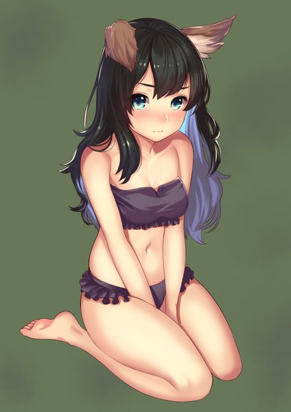 Anime picture 1280x1811 with original kagematsuri single long hair tall image looking at viewer blush fringe breasts light erotic black hair simple background sitting bare shoulders animal ears purple hair full body bent knee (knees) multicolored hair barefoot