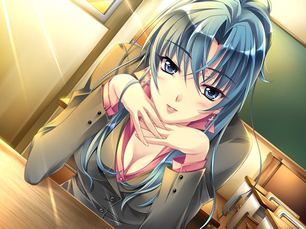Anime picture 1200x900 with sekai de ichiban dame na koi (game) blue eyes light erotic blue hair game cg classroom teacher girl cross