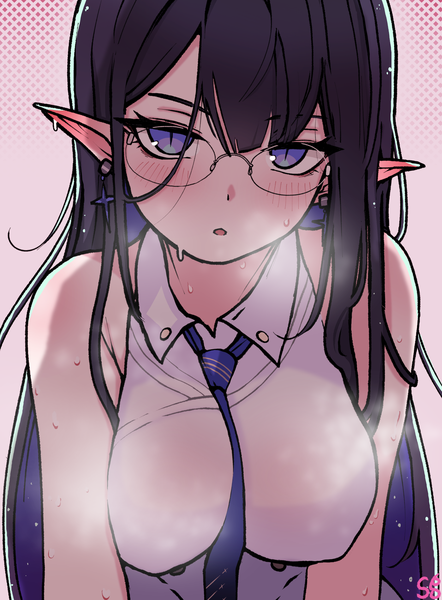 Anime picture 1400x1900 with blue archive rin (blue archive) shoeguy single long hair tall image looking at viewer blush fringe breasts open mouth light erotic black hair standing purple eyes bare shoulders signed pointy ears :o sweat
