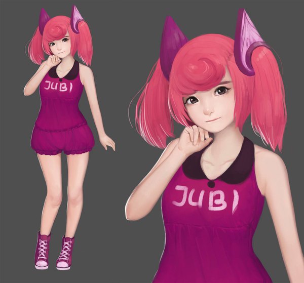 Anime picture 1608x1500 with original laras (jubi) jubi (regiana) looking at viewer fringe short hair simple background twintails brown eyes signed pink hair full body realistic grey background bare legs sleeveless short twintails multiview girl hair ornament