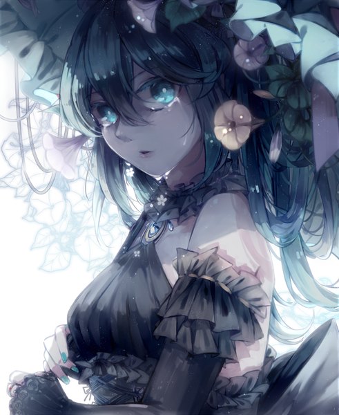 Anime picture 654x800 with vocaloid hatsune miku lyodi (artist) single tall image looking at viewer fringe bare shoulders holding long sleeves nail polish parted lips hair flower aqua eyes fingernails aqua hair tears long fingernails crying revision