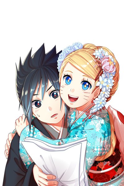 Anime picture 1200x1800 with naruto studio pierrot naruto (series) uchiha sasuke naruko ede (pixiv13100664) tall image short hair open mouth blue eyes black hair blonde hair simple background white background holding traditional clothes japanese clothes black eyes hug facial mark