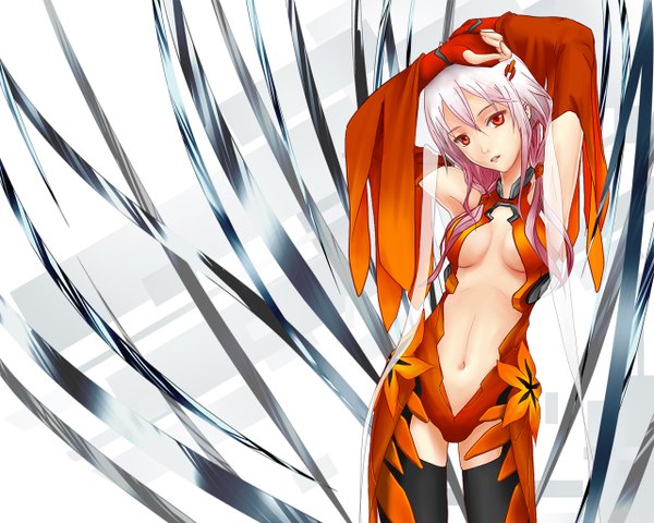 Anime picture 1280x1024 with guilty crown production i.g yuzuriha inori po yu (artist) long hair breasts light erotic red eyes pink hair arms up center opening girl thighhighs navel hair ornament black thighhighs detached sleeves hairclip fingerless gloves bodysuit
