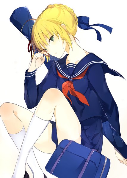 Anime picture 650x914 with fate (series) fate/stay night artoria pendragon (all) saber master artoria lpip single tall image looking at viewer blush fringe short hair simple background blonde hair hair between eyes white background sitting green eyes payot ahoge