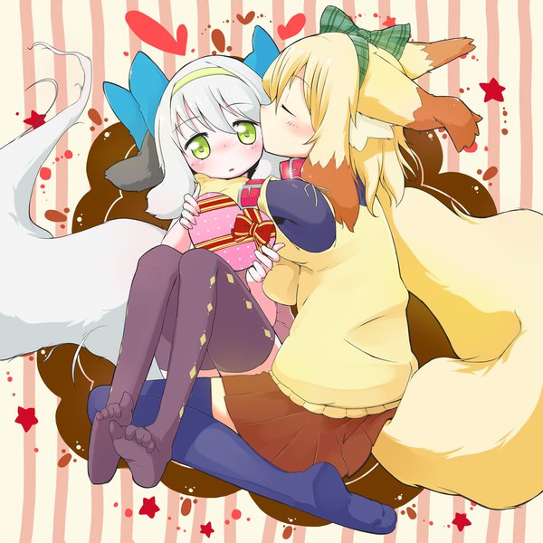 Anime picture 1280x1280 with original yagami ryouichi short hair blonde hair multiple girls green eyes animal ears white hair tail eyes closed animal tail no shoes fox ears fox tail kiss dog ears striped background cheek kiss girl thighhighs
