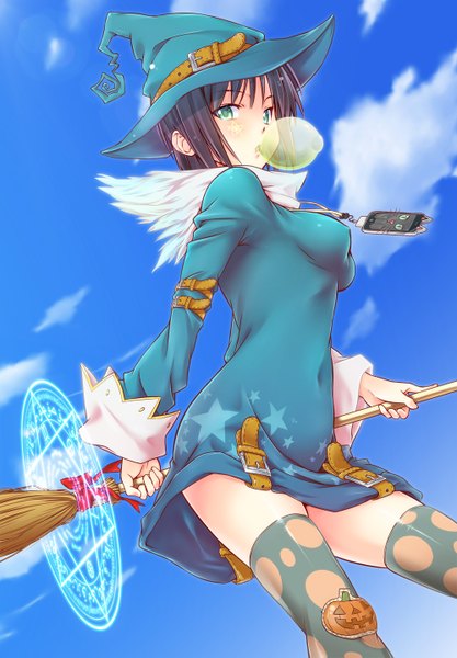 Anime picture 1000x1437 with original kanata (pixiv1305983) single tall image looking at viewer short hair black hair green eyes cloud (clouds) erect nipples magic covered nipples witch girl thighhighs witch hat broom phone magic circle