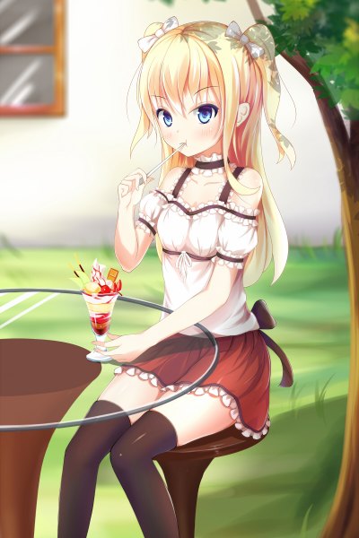 Anime picture 800x1200 with original kagami (galgamesion) single long hair tall image blush fringe blue eyes blonde hair sitting bare shoulders loli two side up eating food in mouth girl thighhighs bow black thighhighs plant (plants)