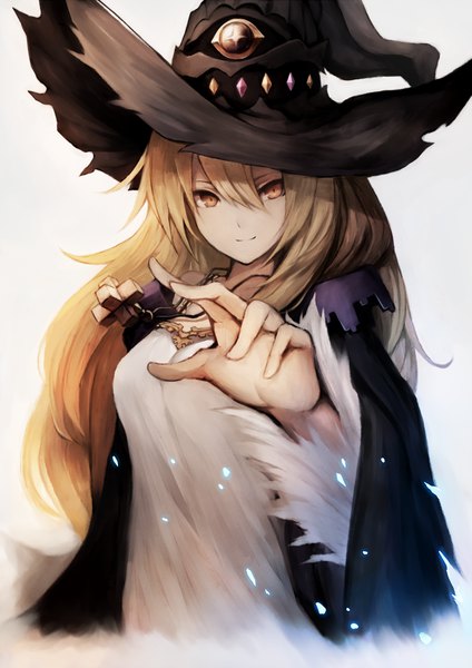 Anime picture 1000x1414 with shingeki no bahamut shadowverse dorothy (shingeki no bahamut) snm (sunimi) single long hair tall image looking at viewer fringe simple background blonde hair smile hair between eyes brown eyes upper body grey background outstretched hand witch foreshortening girl