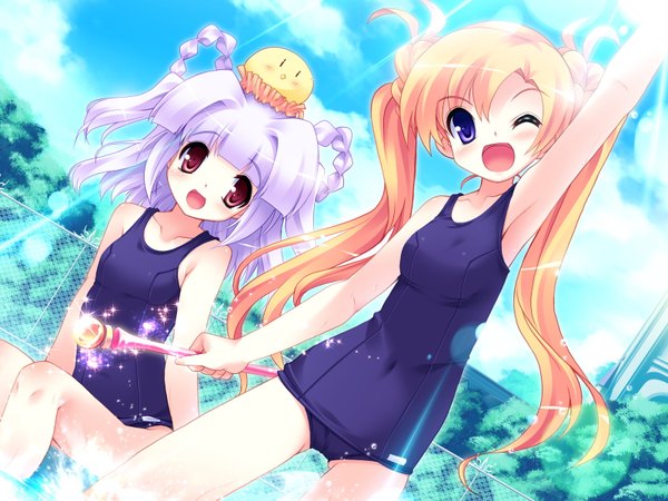 Anime picture 1600x1200 with primary (game) chime milhawks hinana rikuou long hair open mouth blonde hair red eyes purple eyes twintails multiple girls game cg purple hair loli girl 2 girls swimsuit one-piece swimsuit school swimsuit