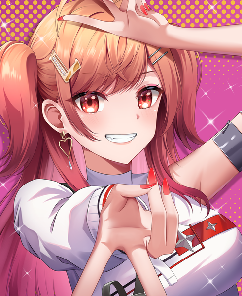 Anime picture 3600x4400 with virtual youtuber hololive hololive dev is ichijou ririka sei joshikou single long hair tall image looking at viewer highres smile absurdres upper body nail polish fingernails orange hair orange eyes two side up grin victory
