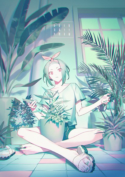 Anime picture 695x982 with original yamakawa single tall image looking at viewer short hair red eyes sitting holding signed full body bent knee (knees) indoors nail polish barefoot green hair dated indian style shoes removed girl
