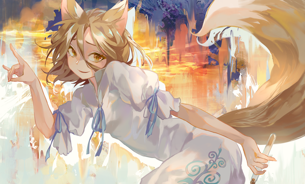 Anime picture 3429x2069 with touhou unconnected marketeers kudamaki tsukasa kyusoukyu single looking at viewer fringe highres short hair blonde hair hair between eyes wide image animal ears yellow eyes absurdres tail animal tail leaning leaning forward puffy sleeves