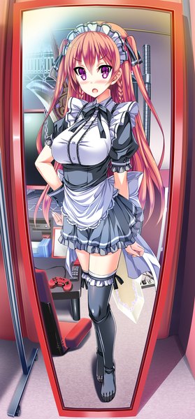Anime picture 1024x2201 with change! ano musume ni natte kunkun peropero may-be soft ogura kana akaza single long hair tall image looking at viewer blush fringe breasts open mouth large breasts standing purple eyes game cg red hair indoors braid (braids) maid